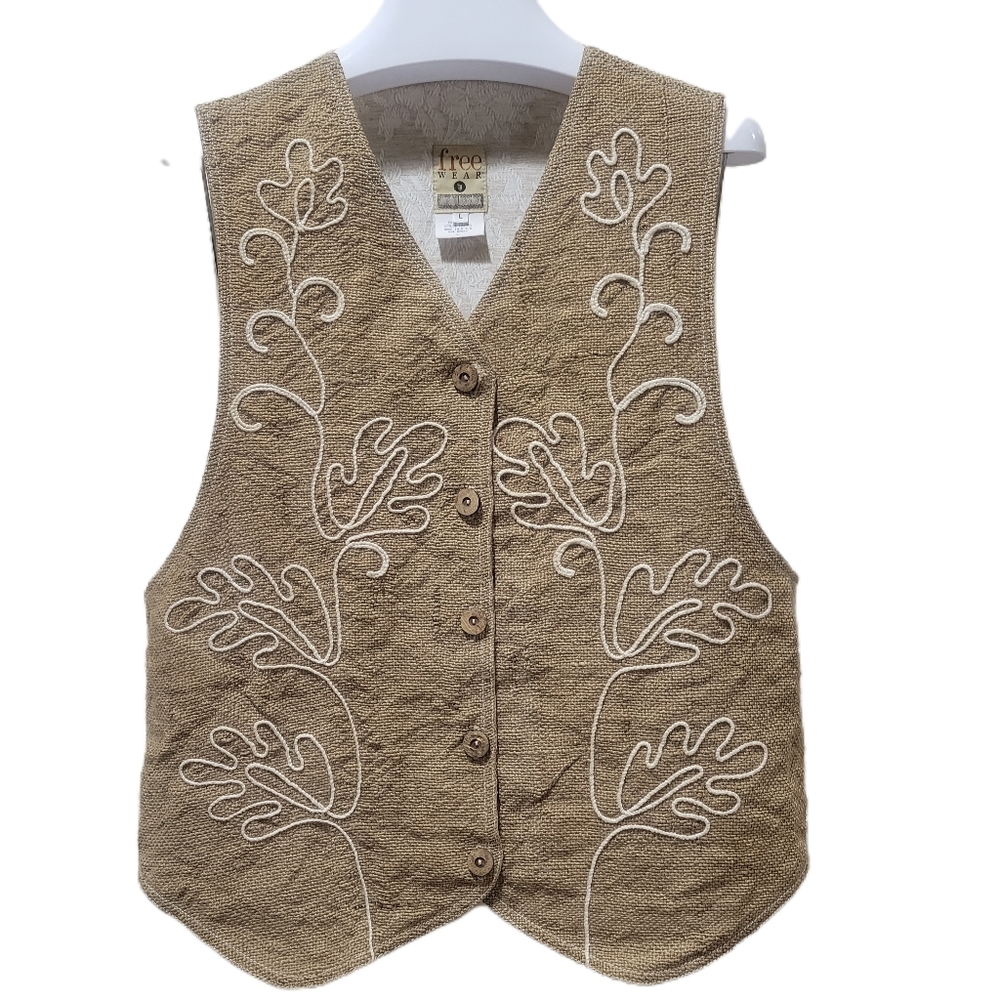 Free Wear Vest Burlap Linen Cotton Blend Sz L Made in USA 🇺🇸 Beige Camel